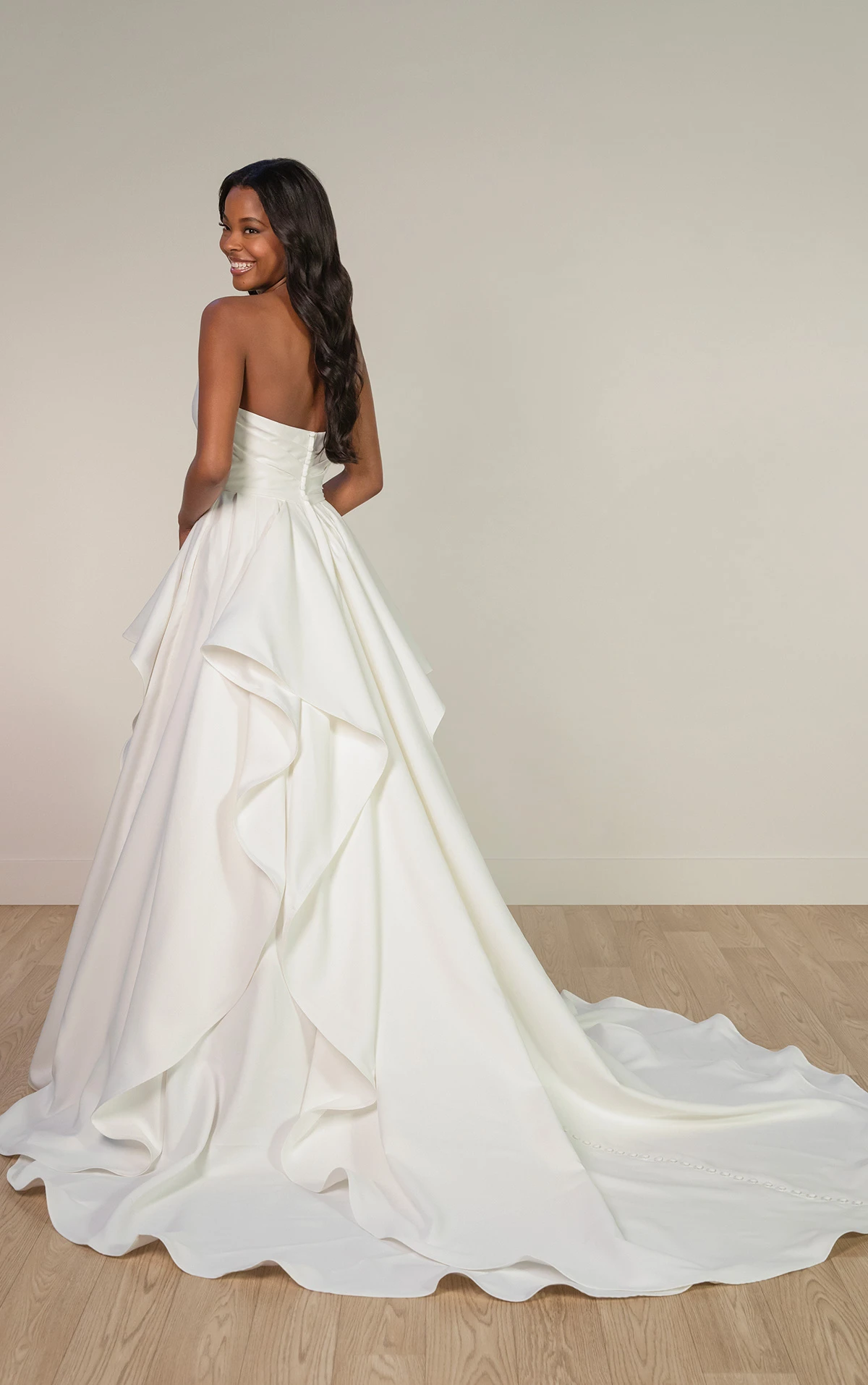 Strapless Satin A-Line Wedding Dress with Ruffle Pick-Ups - Image 4