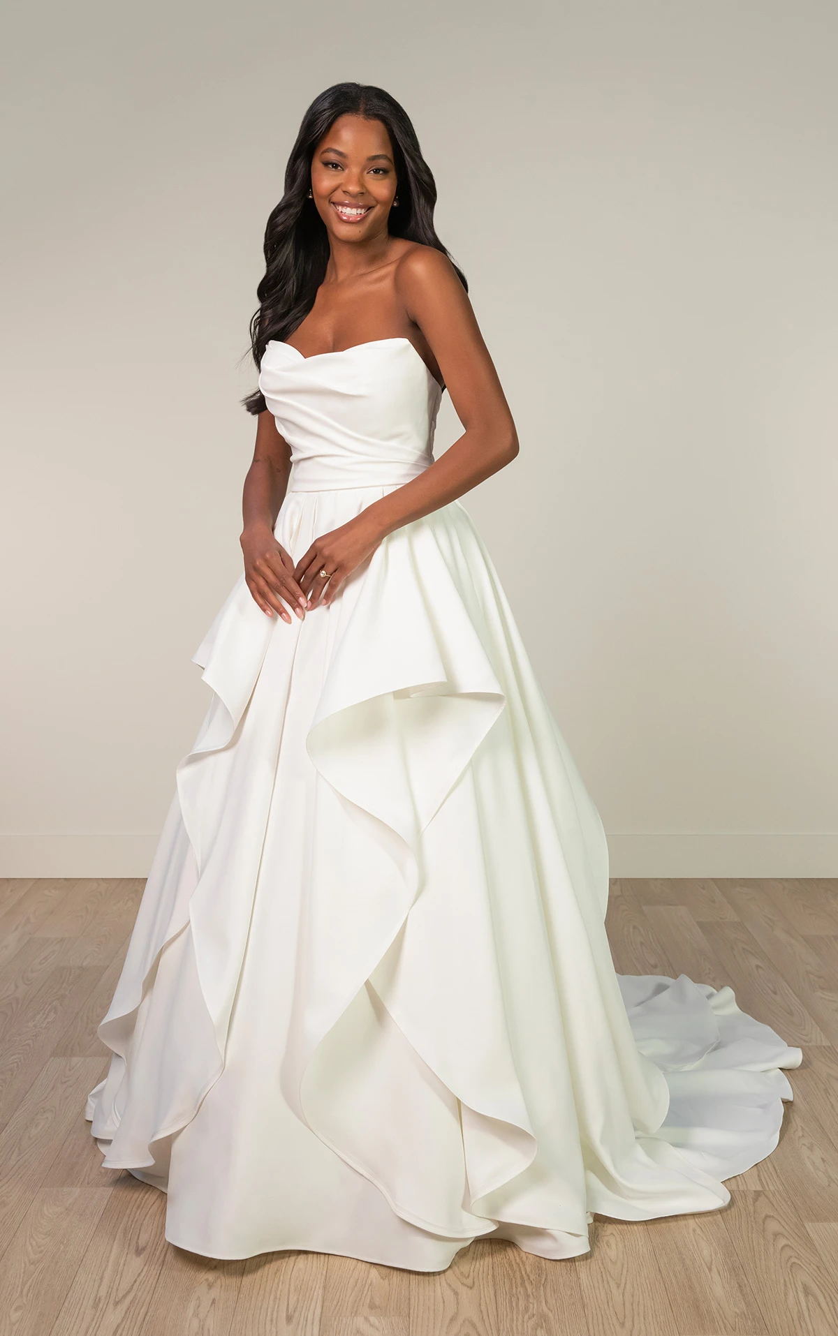 Strapless Satin A-Line Wedding Dress with Ruffle Pick-Ups - Image 3