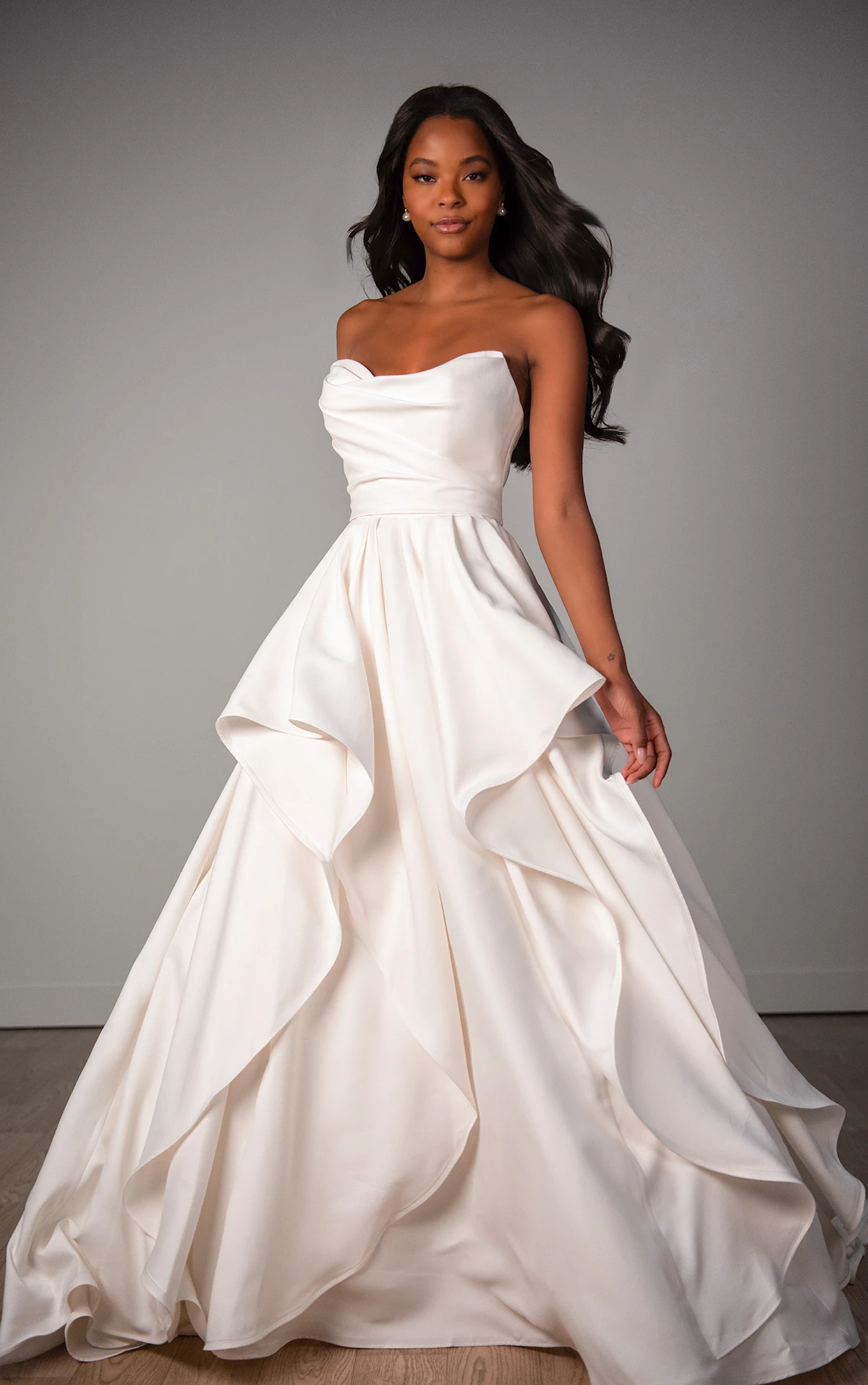 Strapless Satin A-Line Wedding Dress with Ruffle Pick-Ups - Image 2