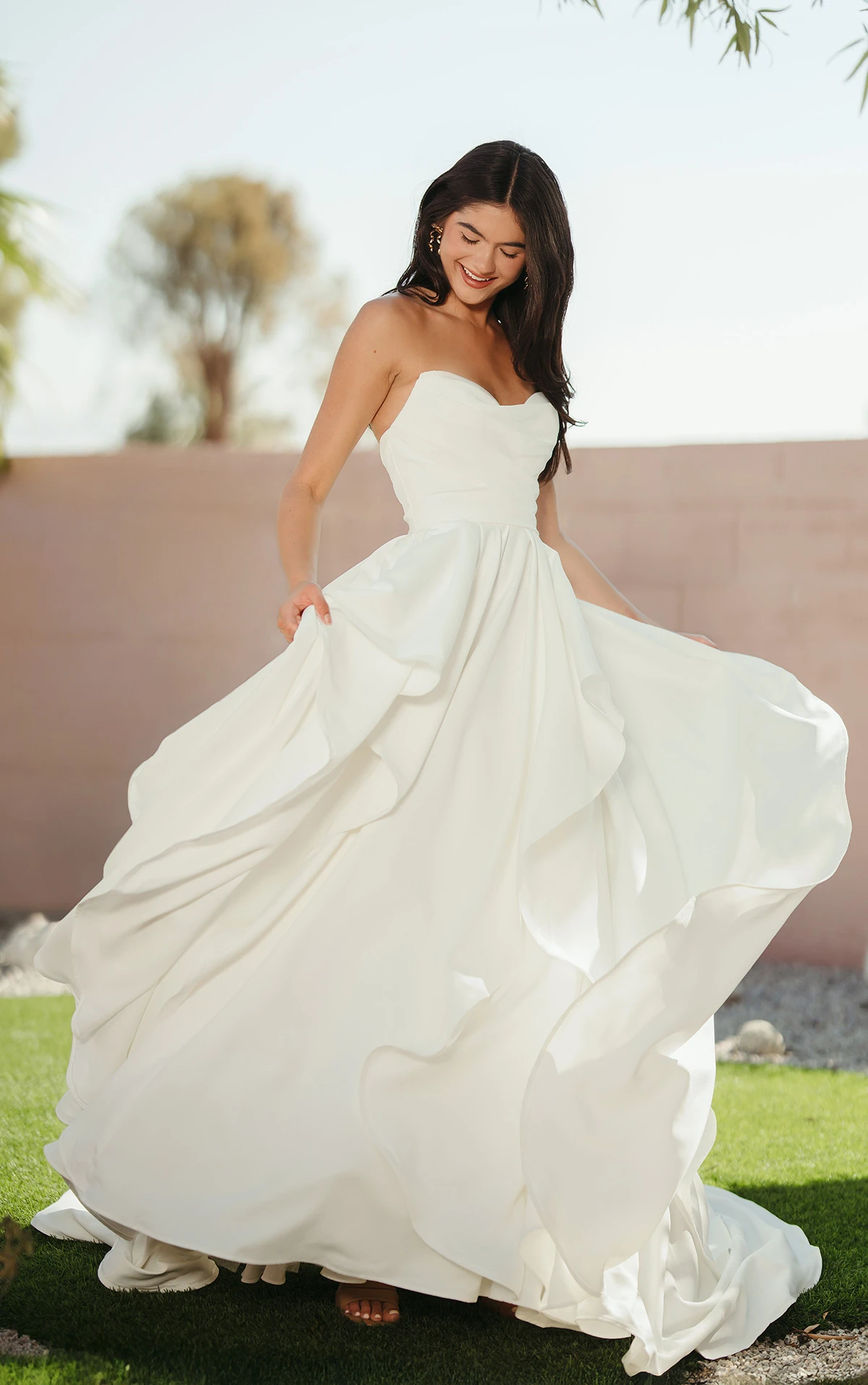 Strapless Satin A-Line Wedding Dress with Ruffle Pick-Ups - Image 5