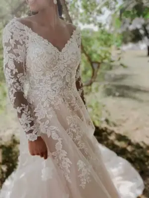 Romantic Floral Lace Ballgown Wedding Dress with Illusion Sleeves and Open V-Back