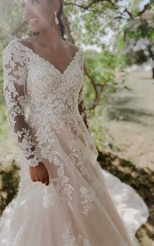 Romantic Floral Lace Ballgown Wedding Dress with Illusion Sleeves and Open V-Back