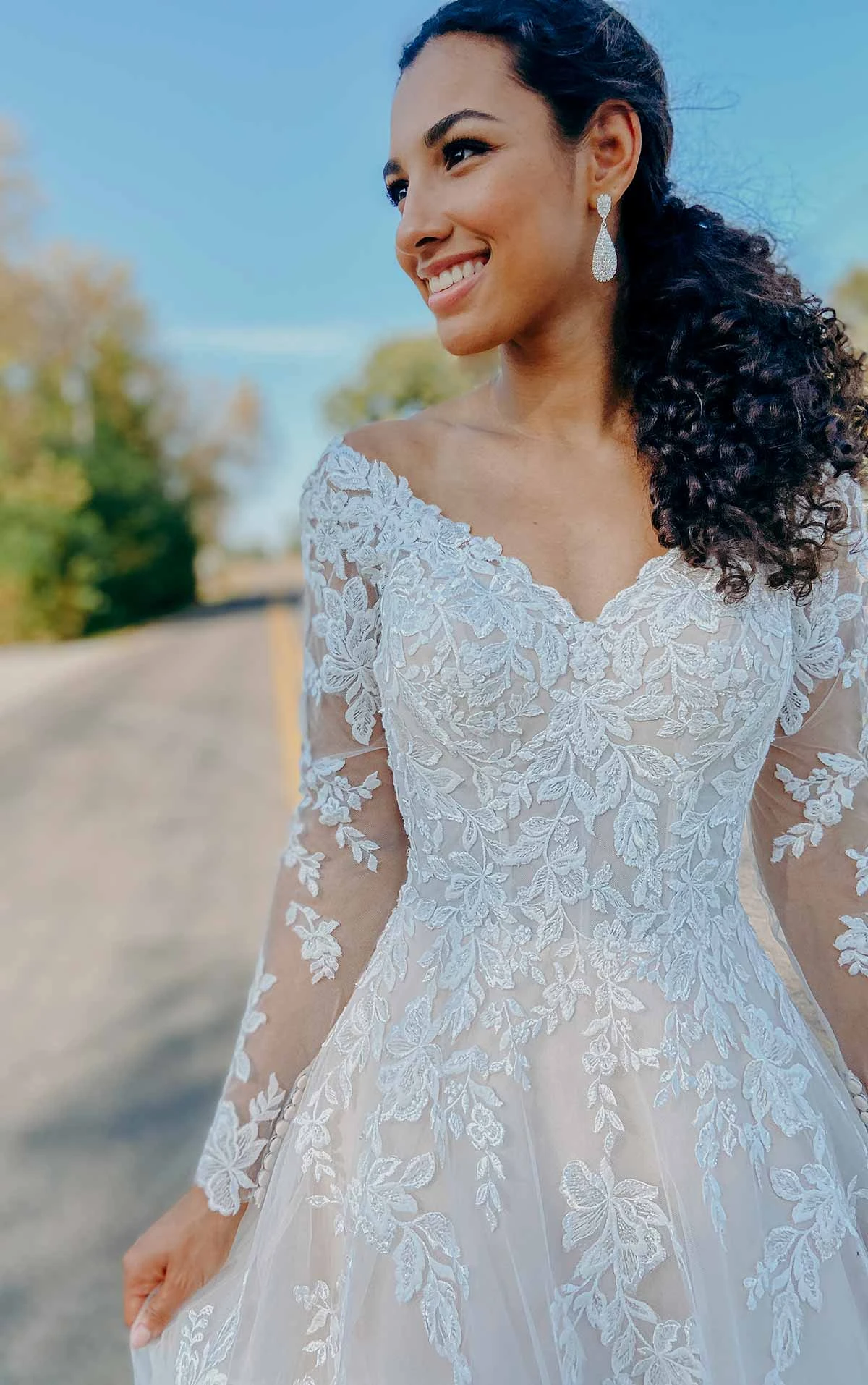 Romantic Floral Lace Ballgown Wedding Dress with Illusion Sleeves and Open V-Back - Image 2