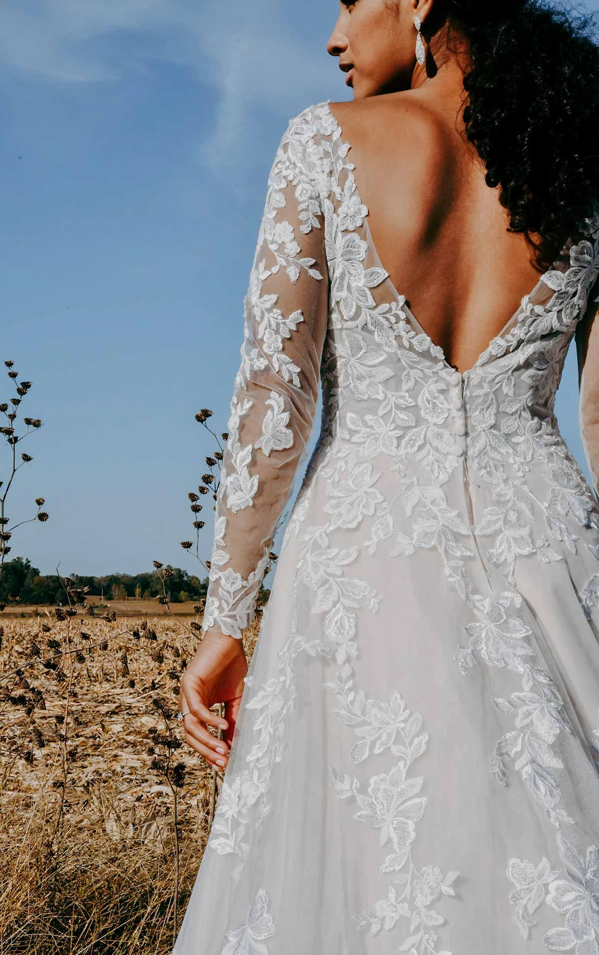 Romantic Floral Lace Ballgown Wedding Dress with Illusion Sleeves and Open V-Back - Image 4