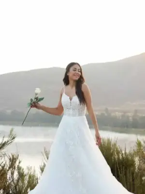 Romantic Embroidered Ballgown Wedding Dress with Glitter Tulle Skirt