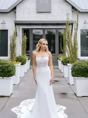 Modern Floral Lace Column Wedding Dress with Square Neckline