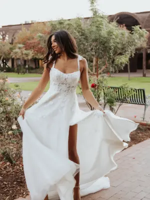 Fashion-Forward A-Line Wedding Dress with Bows, Pockets and Leg Slit