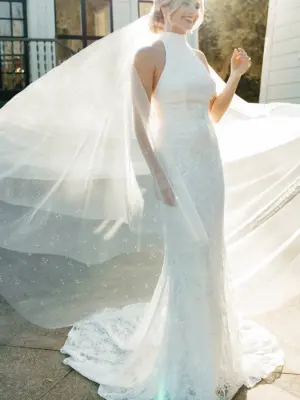Shimmering Floral Lace Halter Wedding Dress with Low Strappy Back