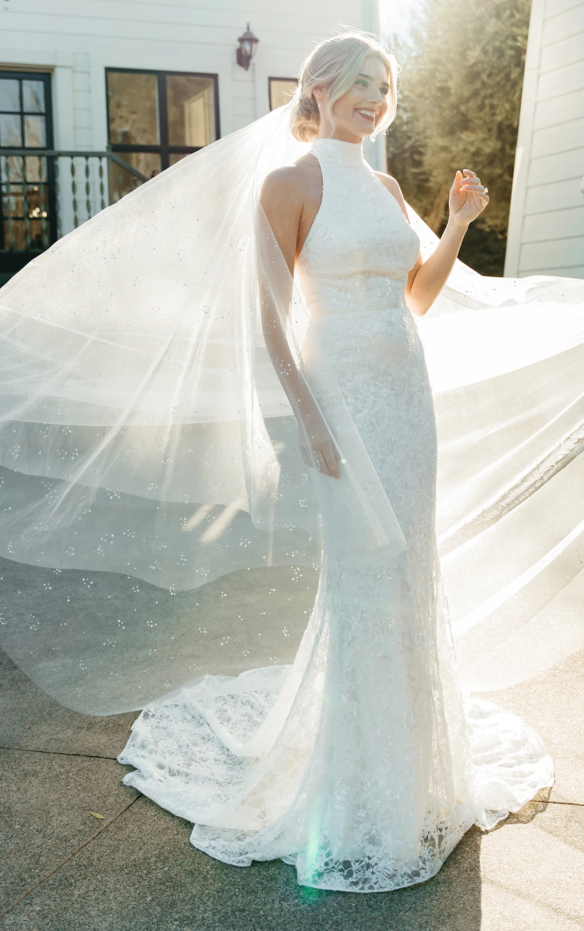 Shimmering Floral Lace Halter Wedding Dress with Low Strappy Back