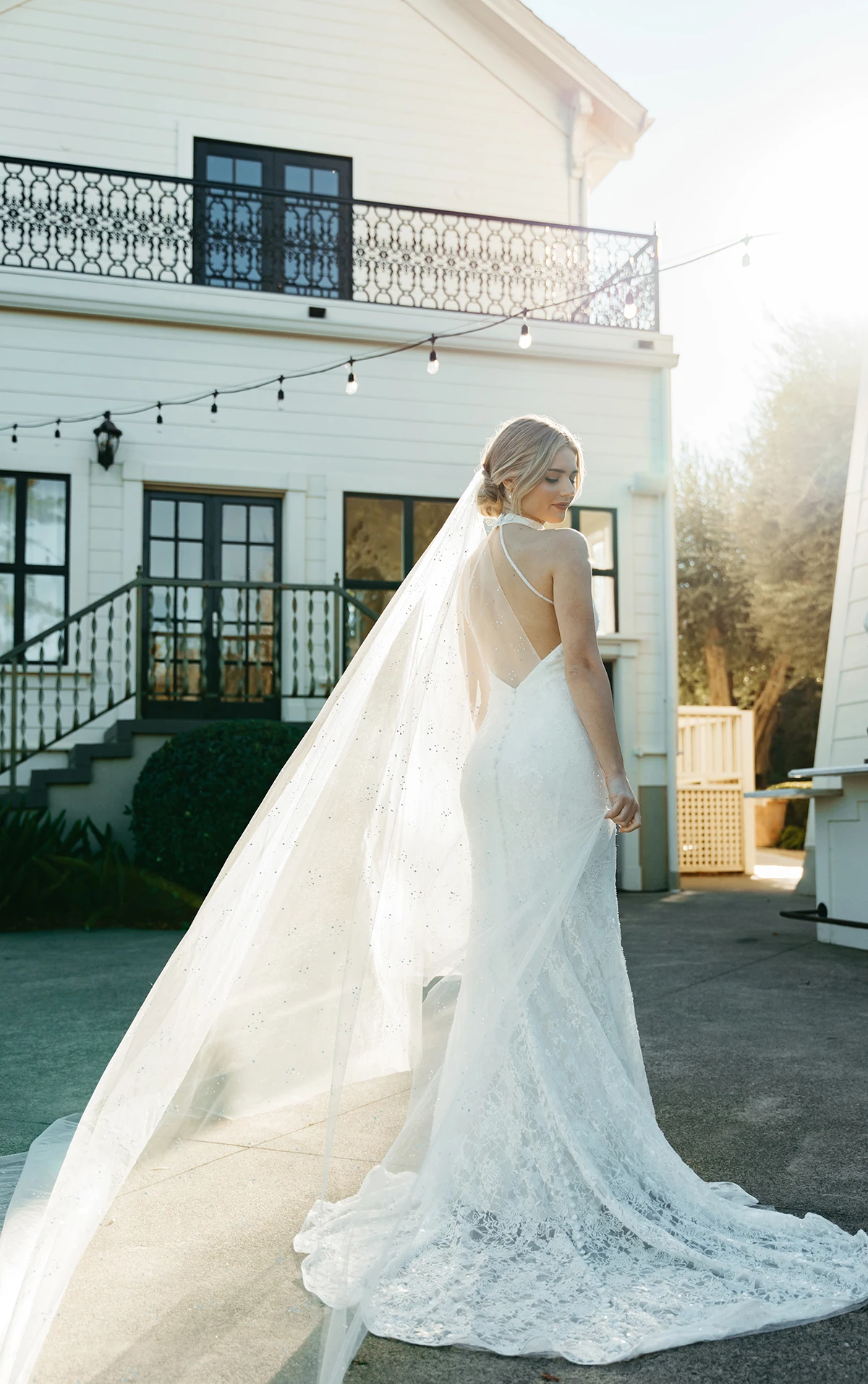 Shimmering Floral Lace Halter Wedding Dress with Low Strappy Back - Image 2
