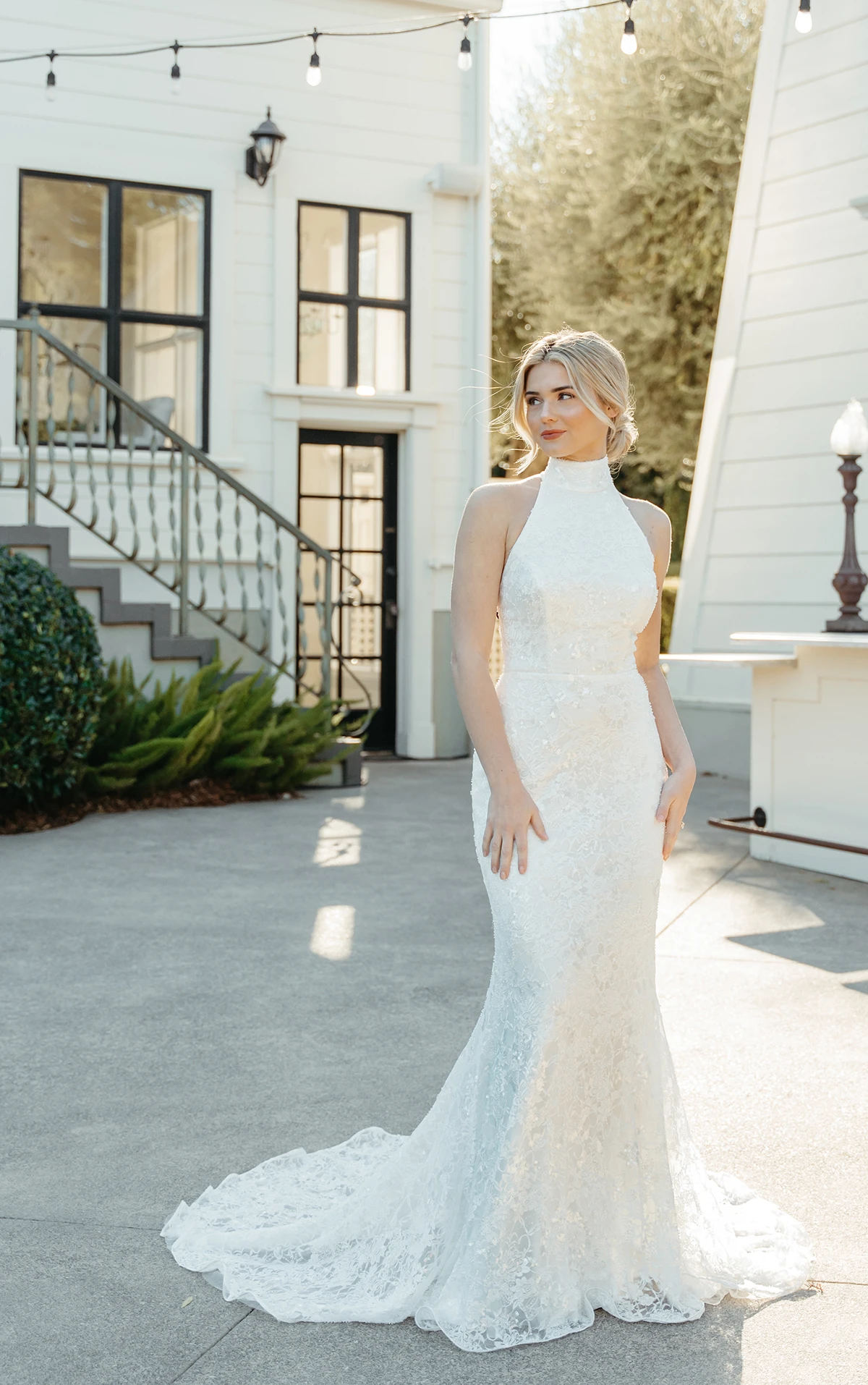 Shimmering Floral Lace Halter Wedding Dress with Low Strappy Back - Image 3