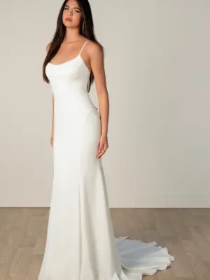Chic Crepe Column Wedding Dress with Modern Scoop Neck and Low Back