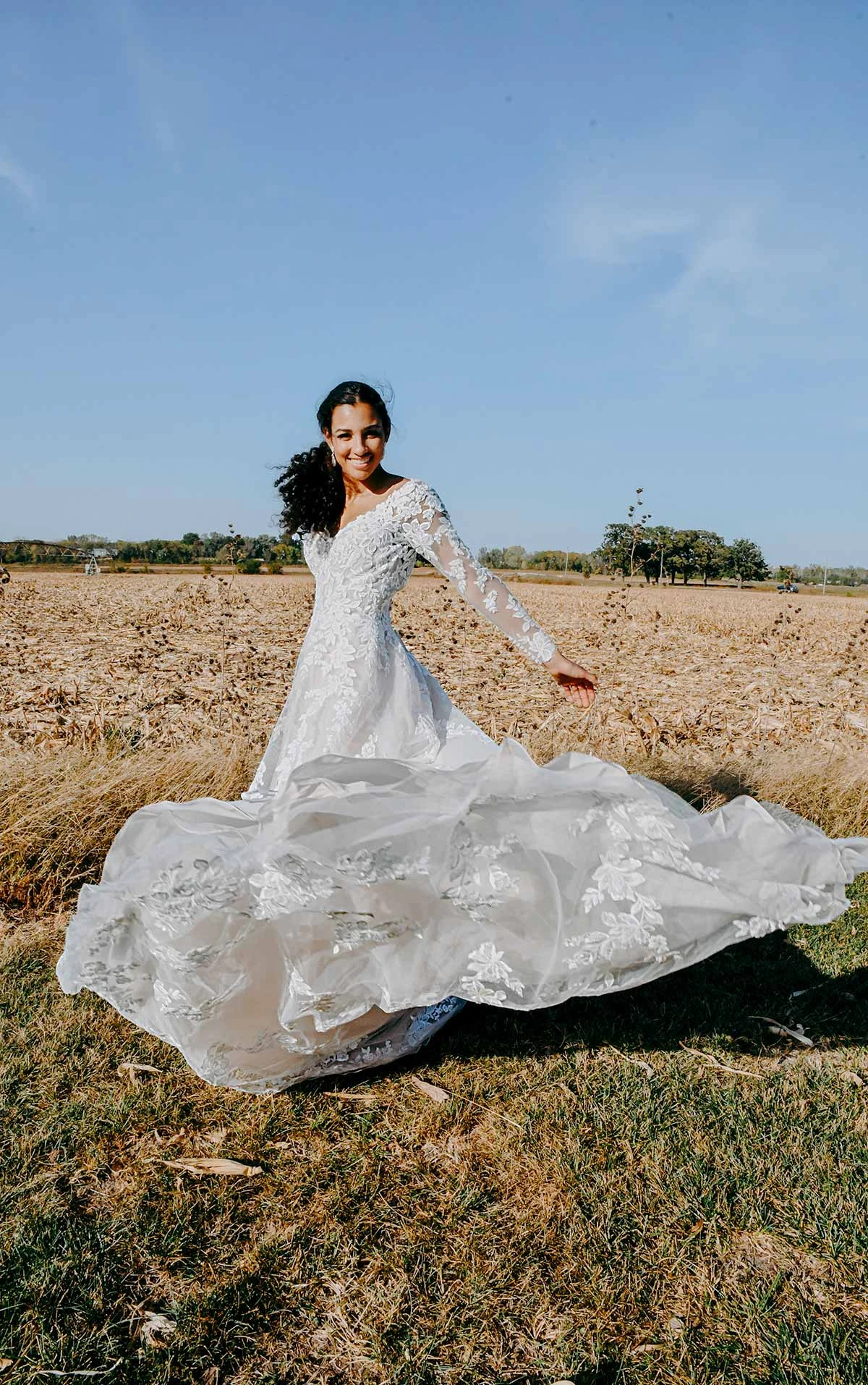 Romantic Floral Lace Ballgown Wedding Dress with Illusion Sleeves and Open V-Back - Image 3
