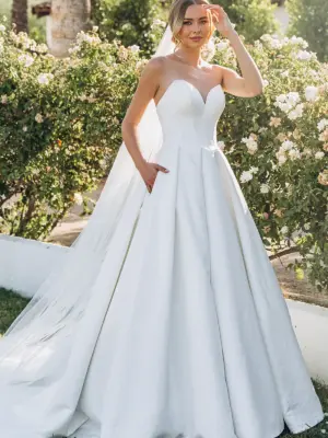 Minimalist Satin Ballgown Wedding Dress with Pointed Sweetheart Neckline