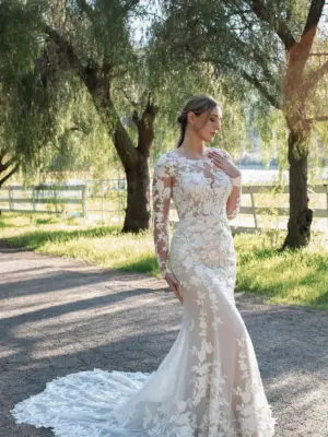 Vintage Lace Long Sleeve Fit-and-Flare Wedding Dress with Cutout Train