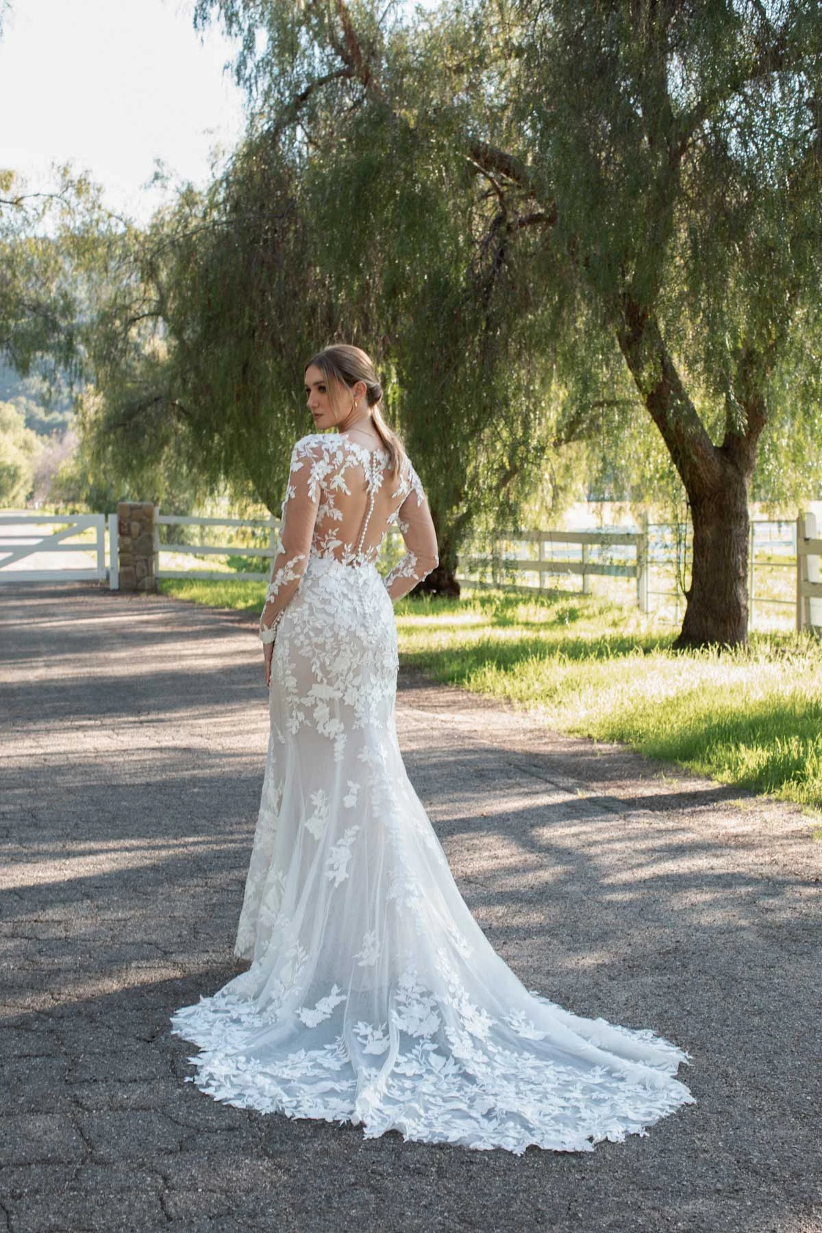 Vintage Lace Long Sleeve Fit-and-Flare Wedding Dress with Cutout Train - Image 3