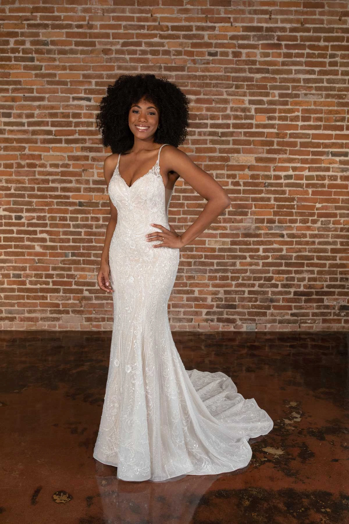 Sparkling Art Deco Beaded Lace Slip Wedding Dress with Spaghetti Straps