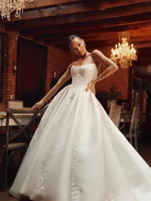 Strapless Mikado Ballgown Wedding Dress with Cat-Eye Neckline and Pleated Skirt