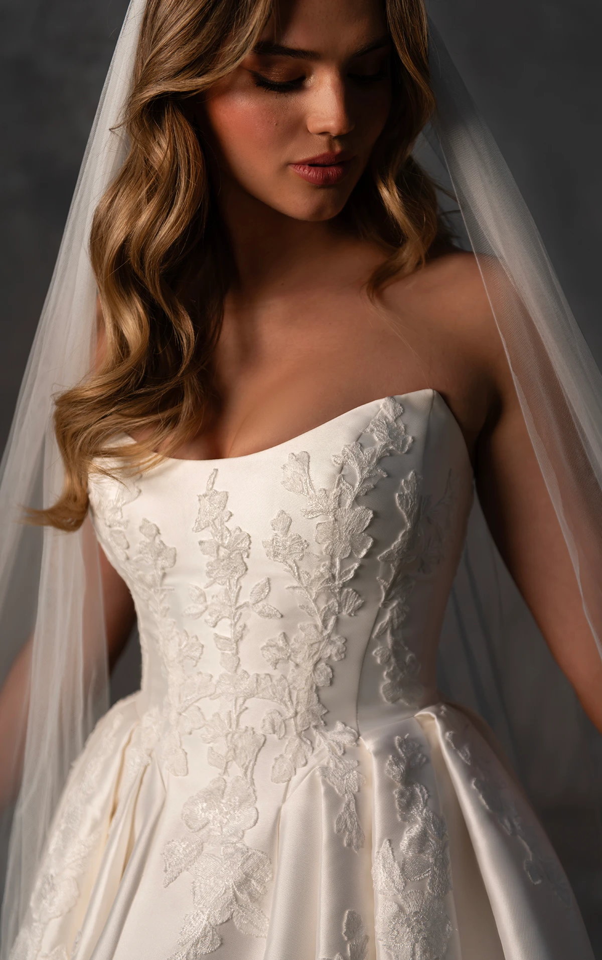 Strapless Mikado Ballgown Wedding Dress with Cat-Eye Neckline and Pleated Skirt - Image 3