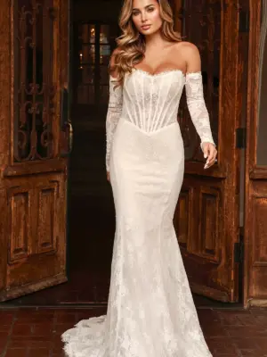 Strapless Chantilly Lace Column Wedding Dress with Detachable Sheer Lace Sleeves