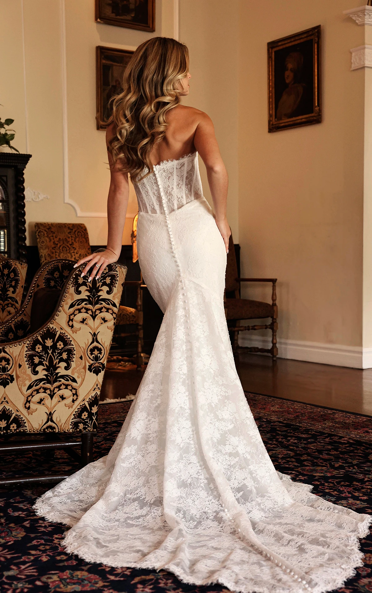Strapless Chantilly Lace Column Wedding Dress with Detachable Sheer Lace Sleeves - Image 2