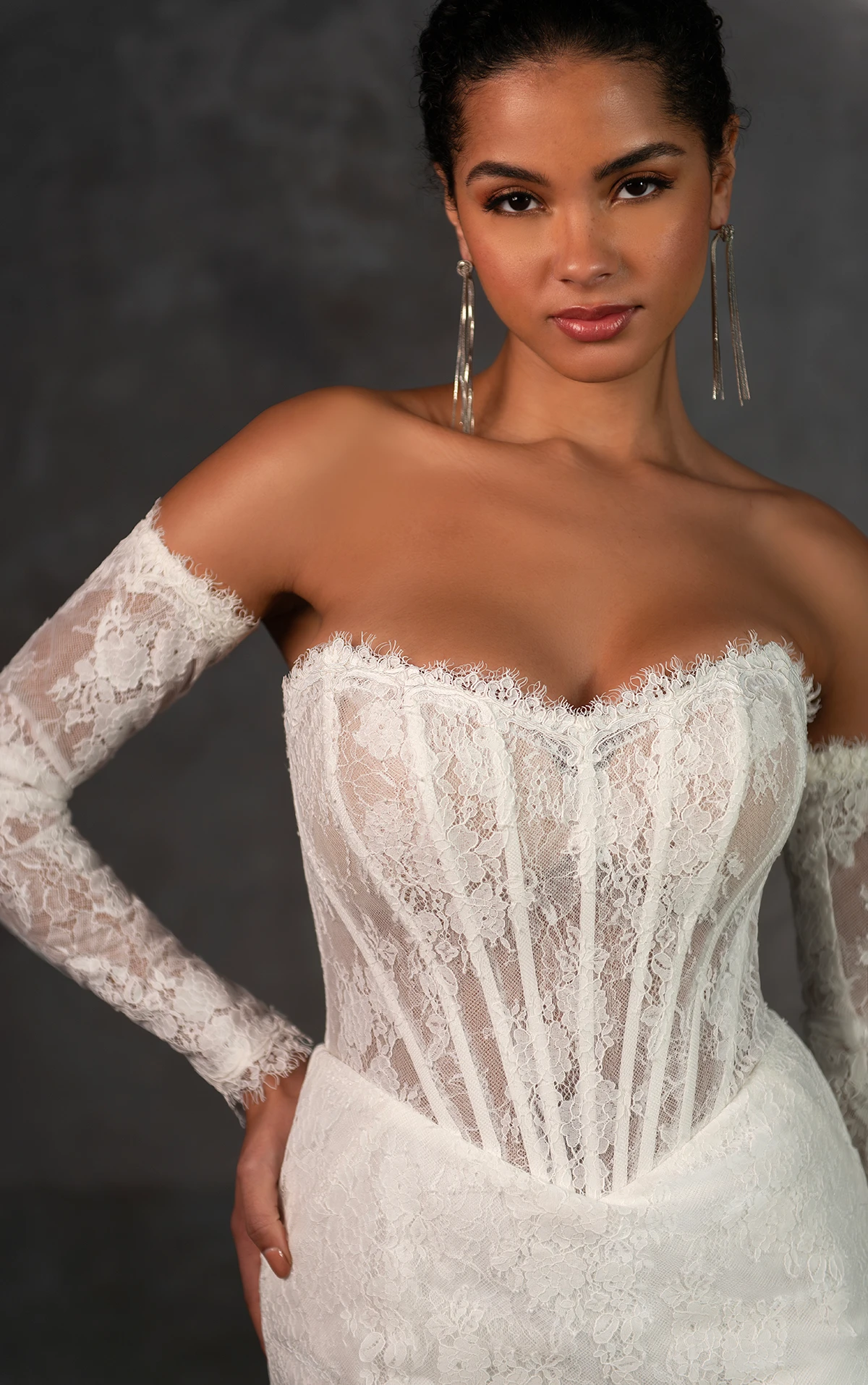 Strapless Chantilly Lace Column Wedding Dress with Detachable Sheer Lace Sleeves - Image 3
