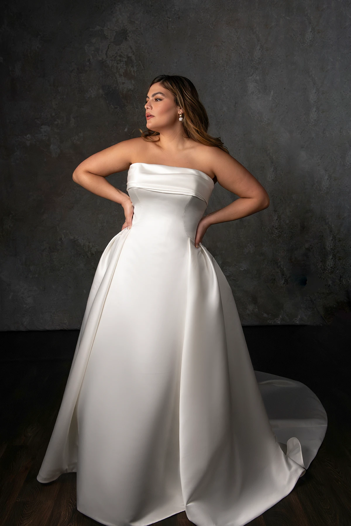 Strapless Satin Ballgown Wedding Dress with Folded Neckline and Pleated Skirt - Image 2
