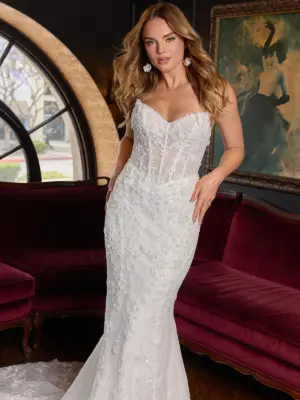 Strapless Beaded Lace Fit-and-Flare Wedding Dress with 3D Appliqués