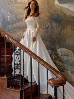Layered Lace and Satin A-Line Wedding Gown with Wrapped Bodice