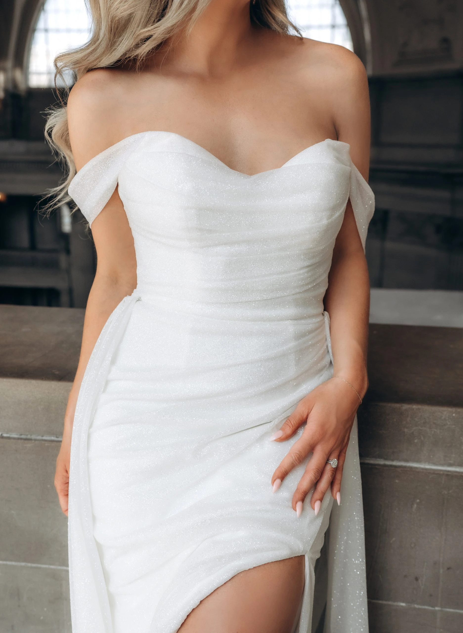 Sparkling Fit-and-Flare Wedding Dress with Detachable Overskirt and Leg Slit - Image 4