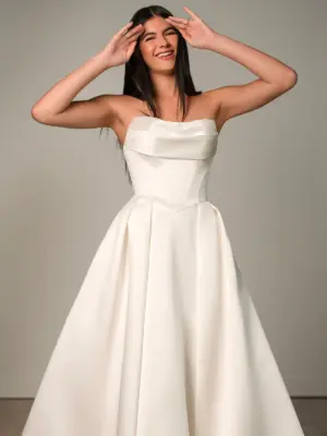 Romantic Strapless Ballgown Wedding Dress with Ruched Neckline and Basque Waist