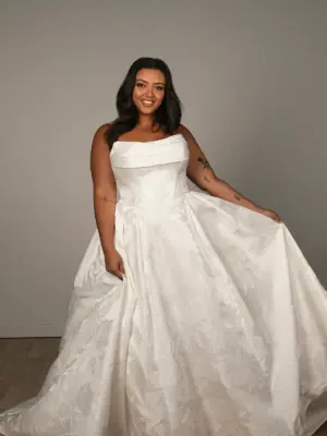 Romantic Strapless Ballgown Wedding Dress with Ruched Neckline and Basque Waist