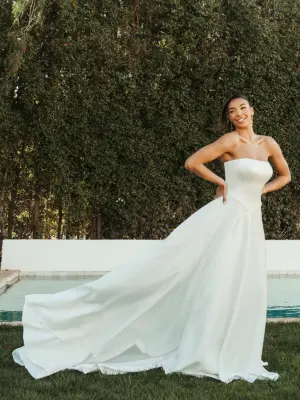 Pearl-Beaded Soft A-Line Wedding Dress with Satin Tie Back