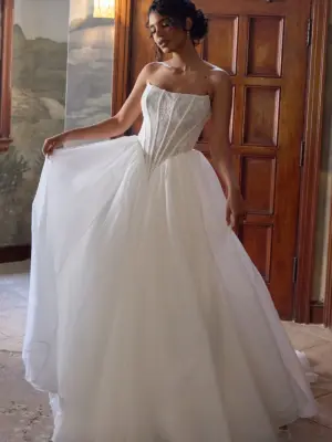 STRAPLESS LACE BALLGOWN WITH BASQUE WAIST AND ORGANZA SKIRT