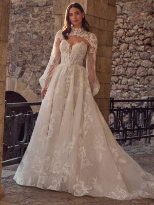 Strapless or Long Sleeve Lace Wedding Dress with A Line Silhouette